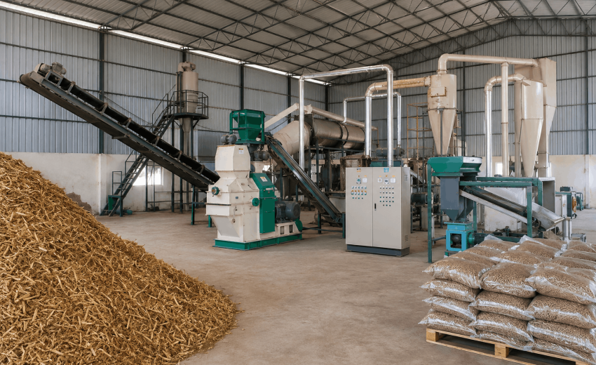 Biomass pellet plant machinery with baled crop residue and packed pellets
