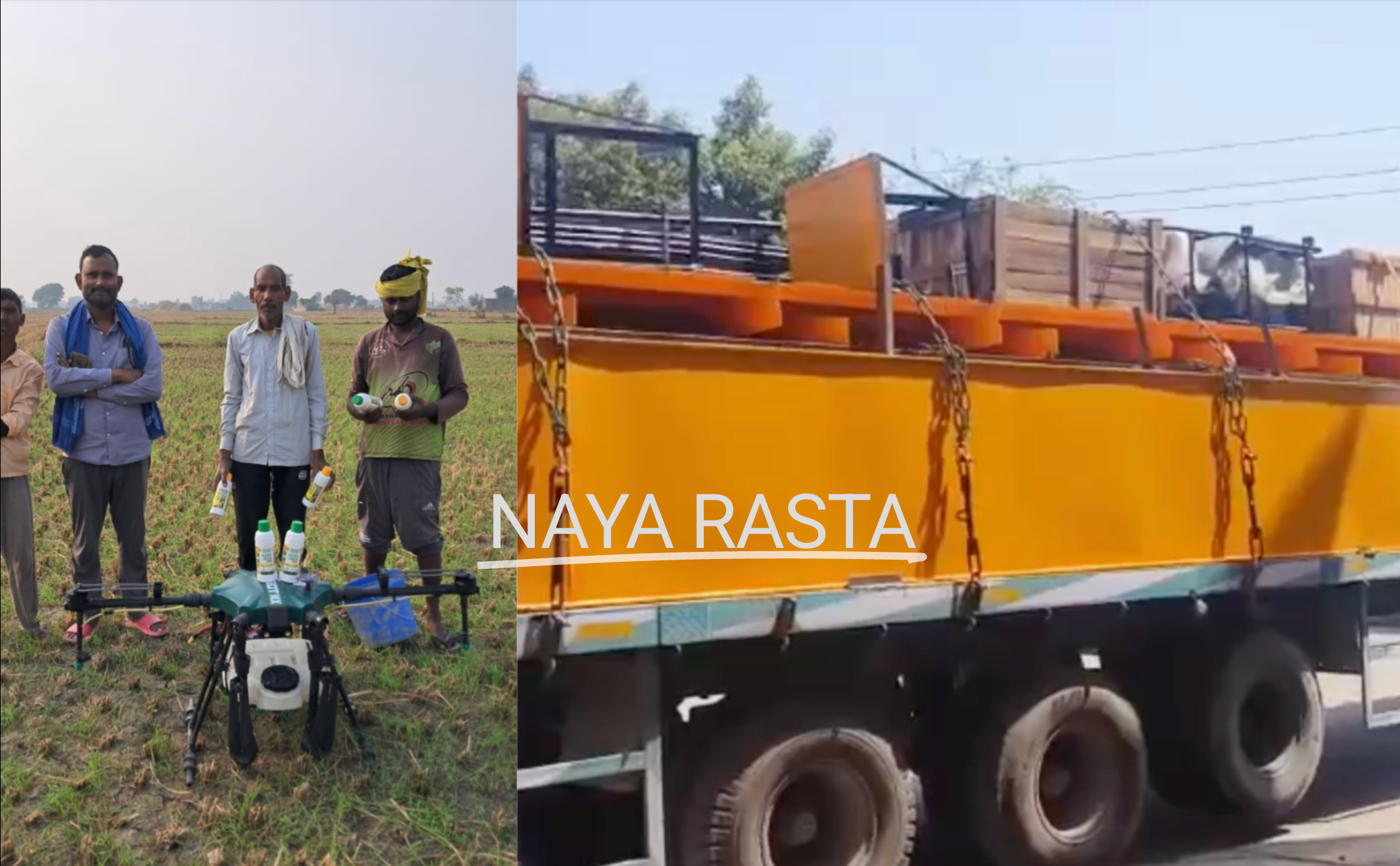 Naya Rasta member farmers with a crop-spraying drone in the field, and a Naya Rasta liveried transport truck